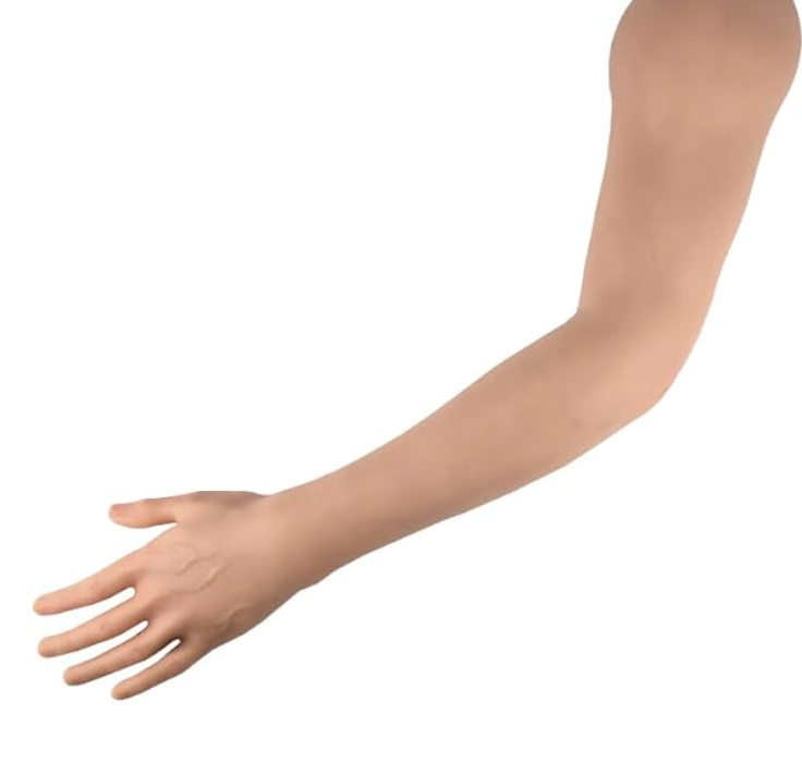 Realistic silicone tattoo practice arm with steel frame and movable joints