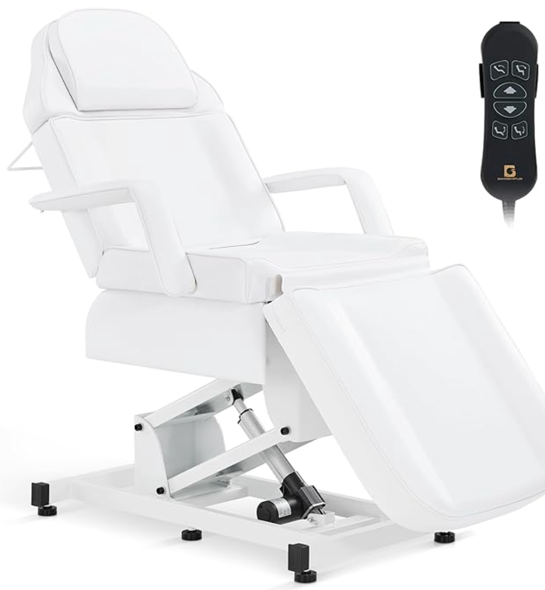 White BarberPub 3-motor fully electric facial and tattoo bed