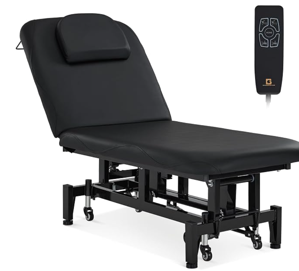 Black BarberPub wheeled electric facial and tattoo bed with dual motors