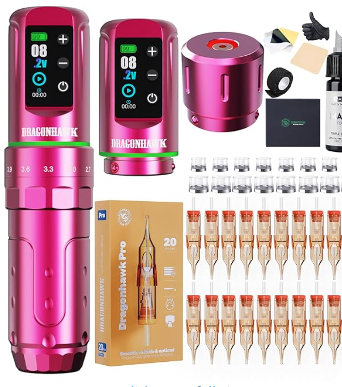 Pink Dragonhawk L3 cordless tattoo pen machine kit with needles and accessories