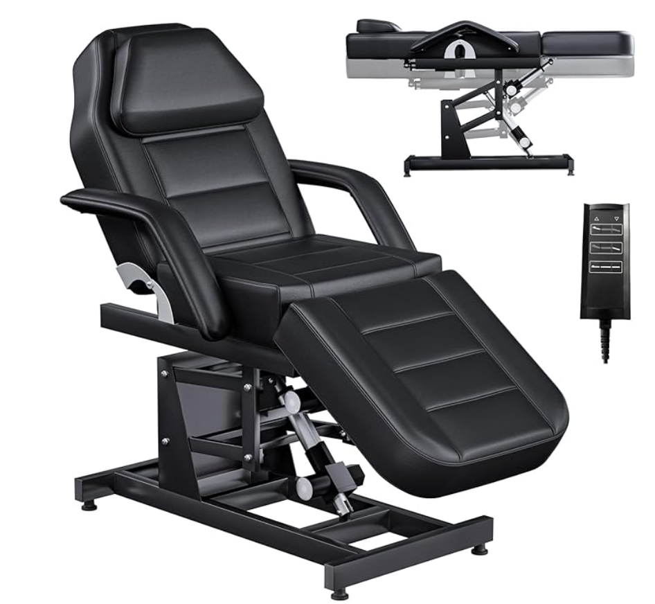 Black fully-electric tattoo chair with 3-motor adjustable backrest and legrest