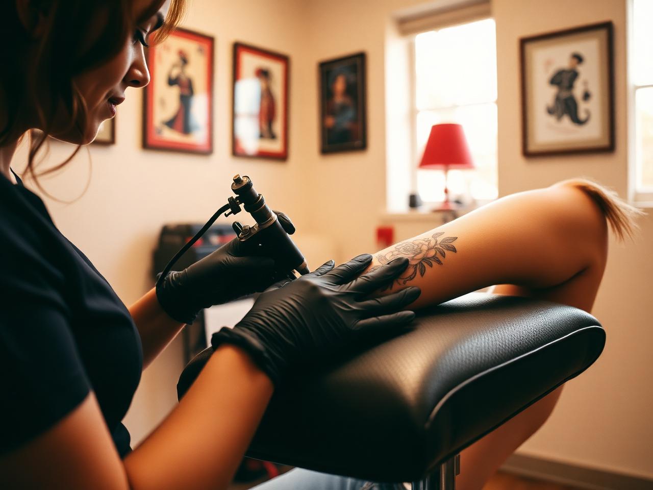 Tattoo artist tattooing a floral piece on a client's arm in a warm studio