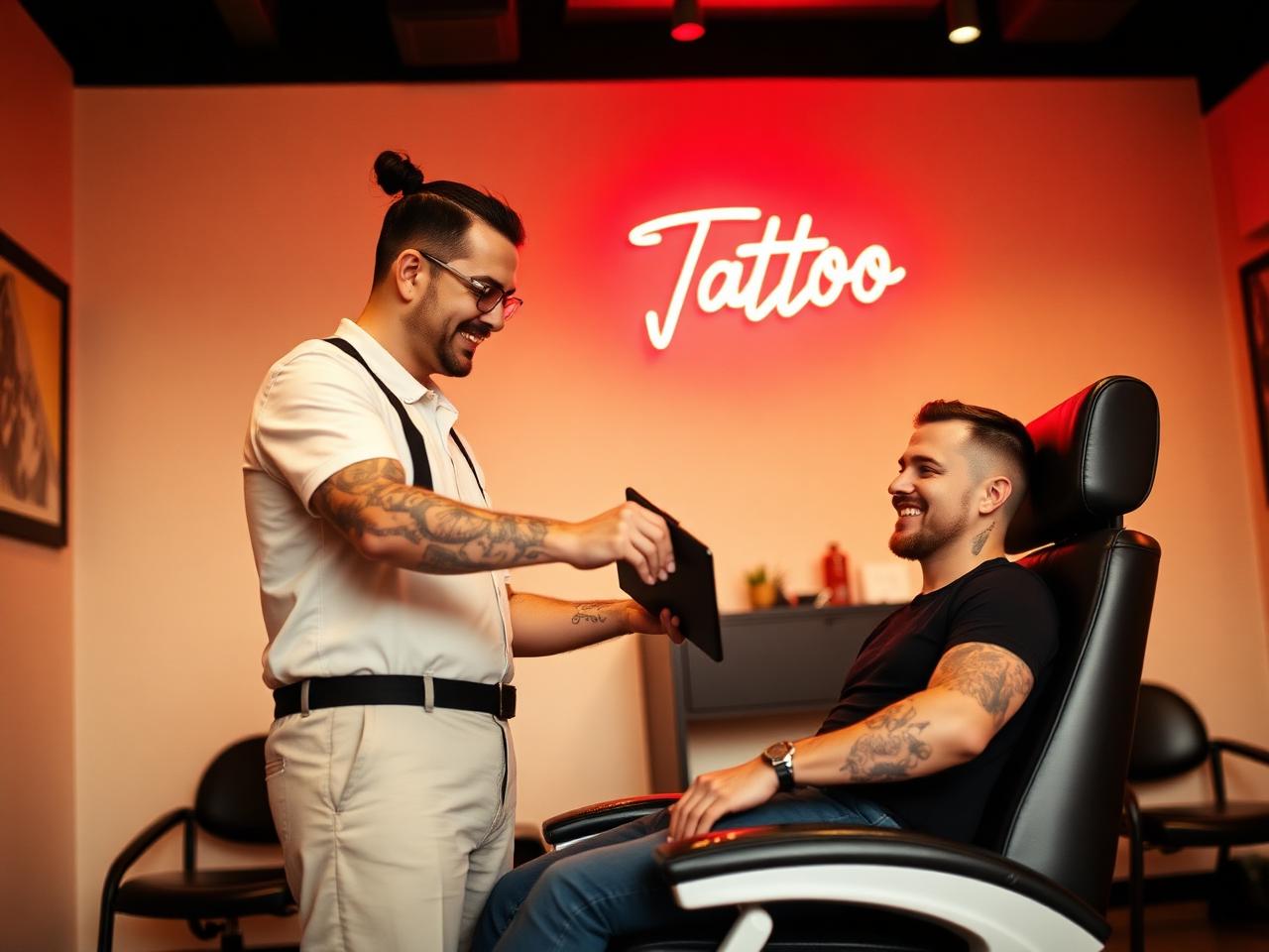 Studio owner handing an iPad to a client to sign a digital consent form